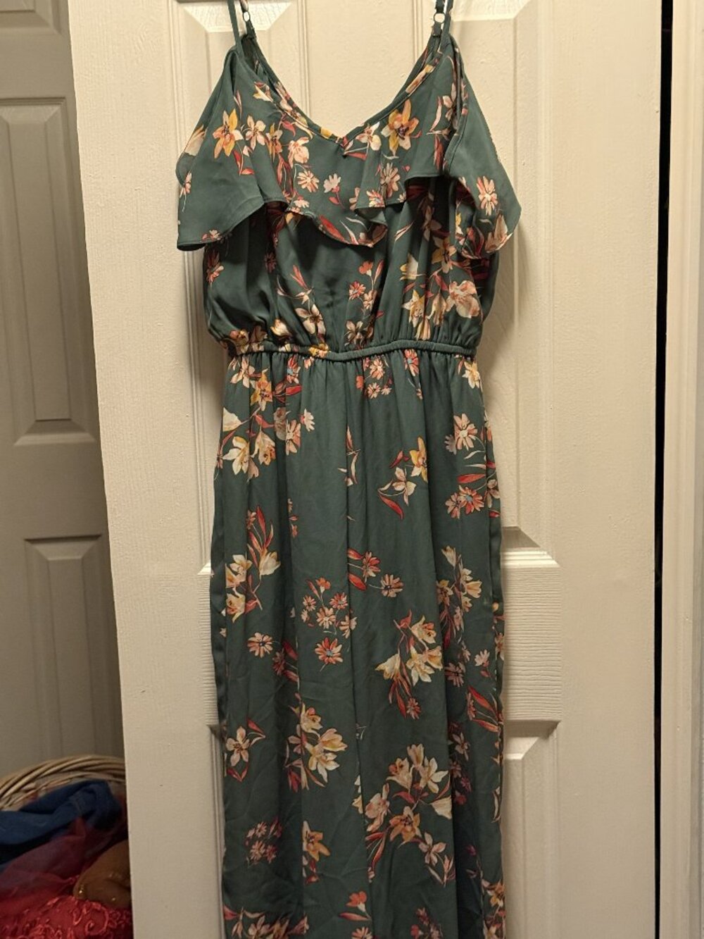 AS U WISH Green Floral Wide Leg Romper Ruffle Cold Shoulder Size Small